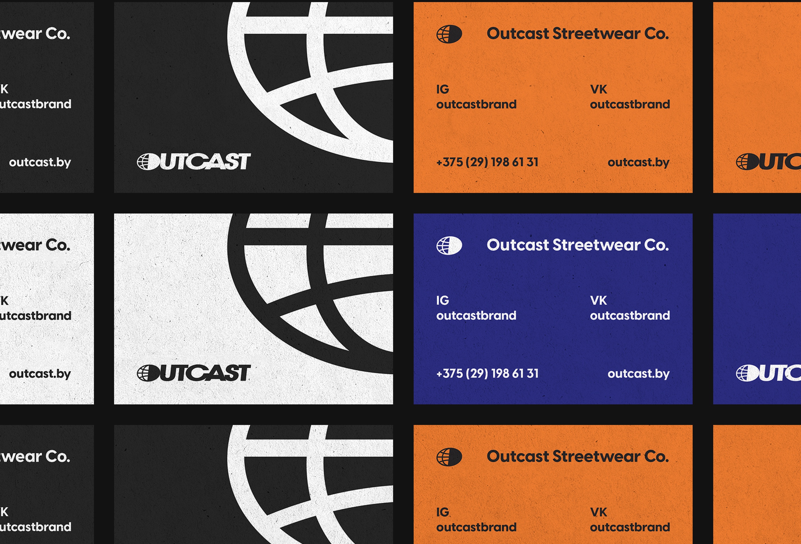 Outcast business cards in orange, blue and black