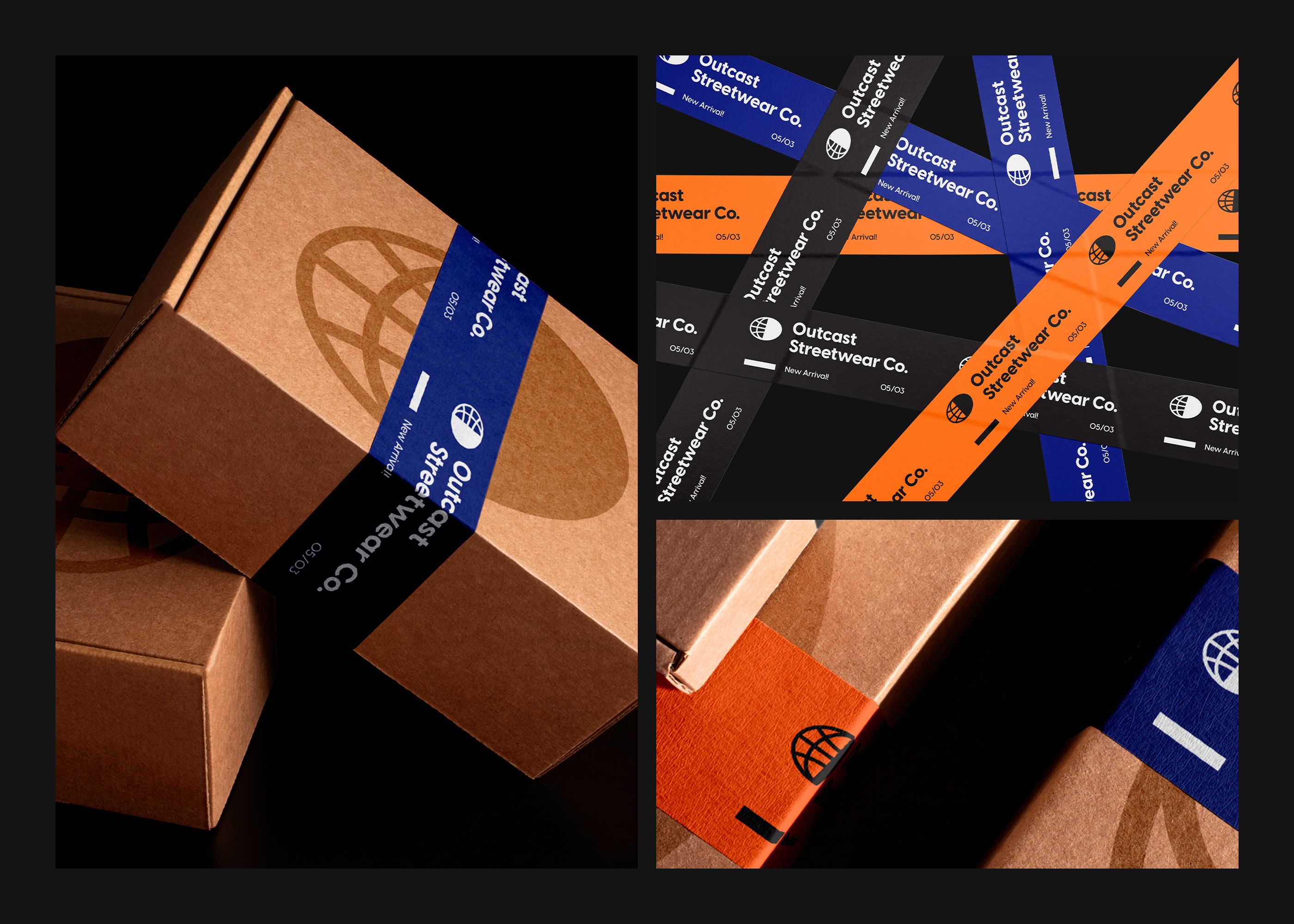 Kraft boxes with blue, orange and black packaging tape