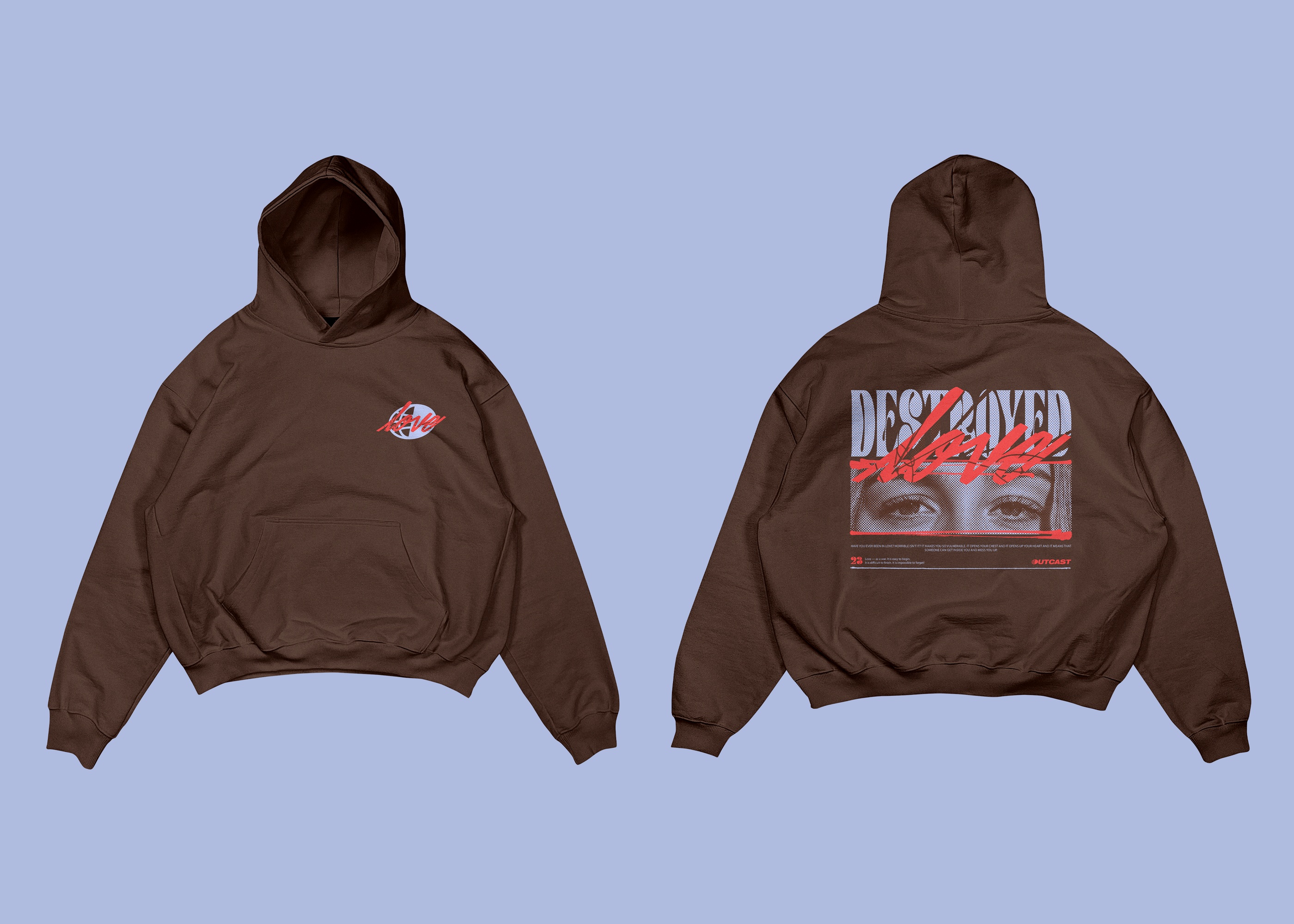 DESTROYED LOVE hoodie, front and back, on lilac