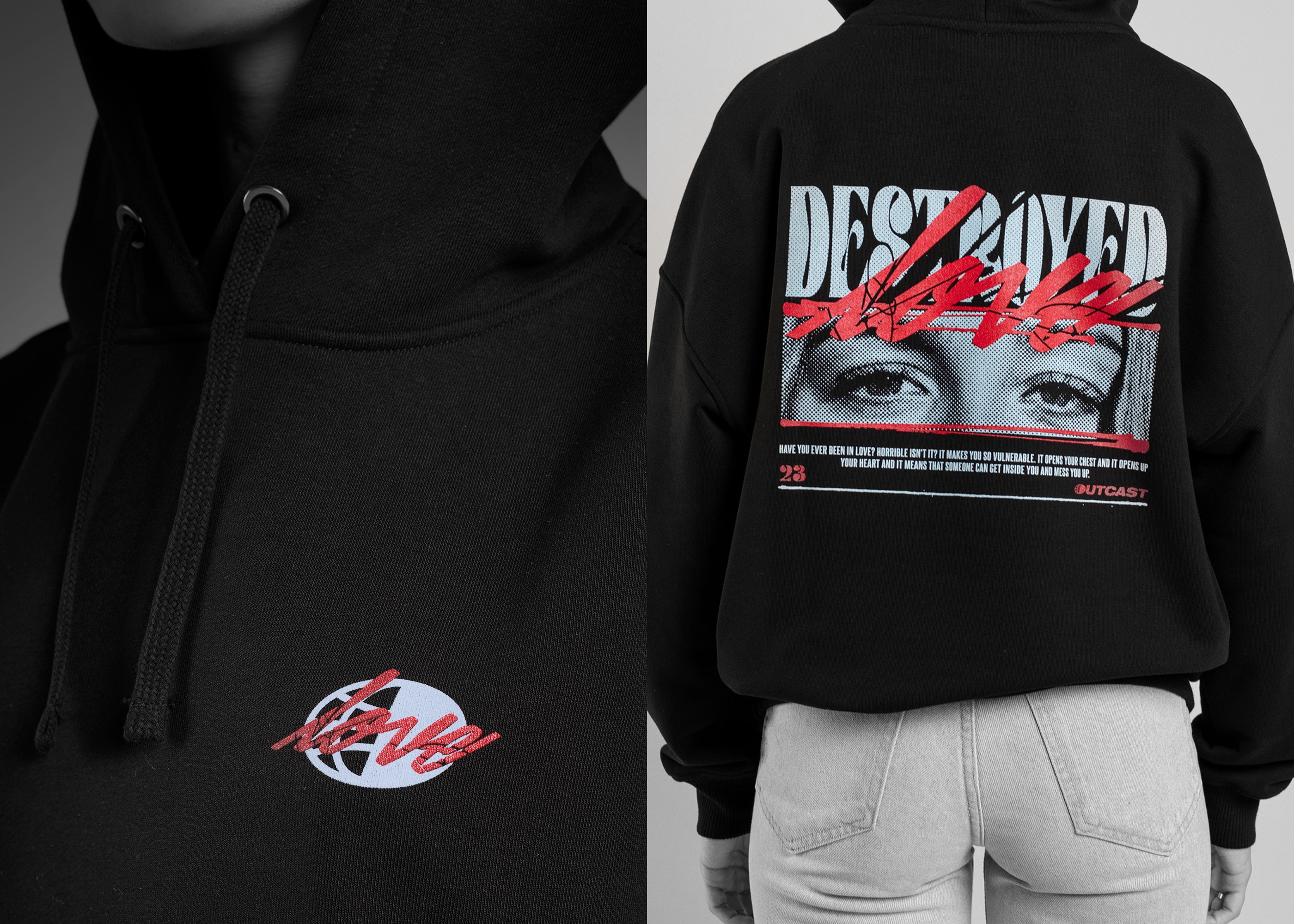 DESTROYED LOVE hoodie on a model
