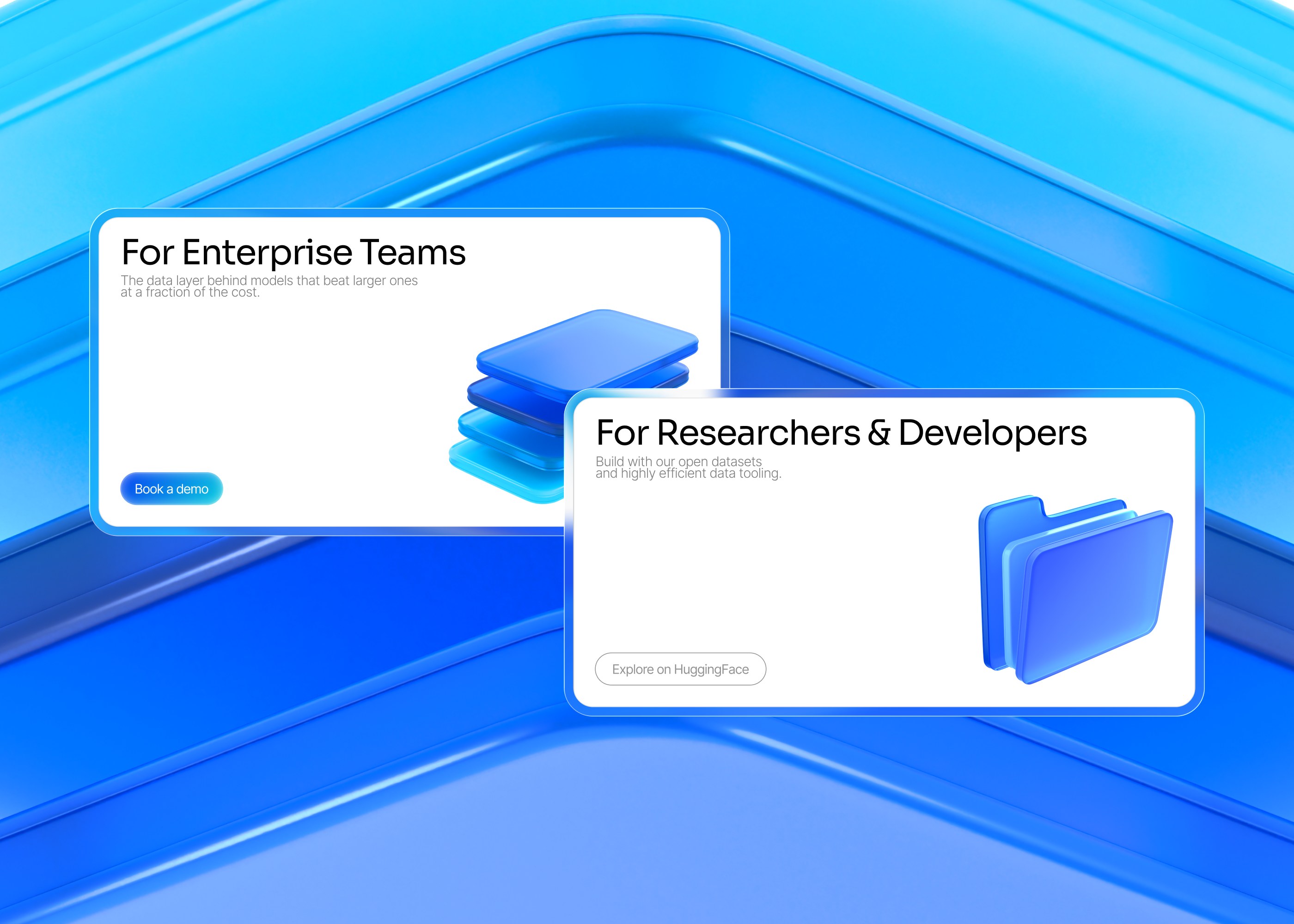 Pleias website cards for enterprise teams and for researchers and developers