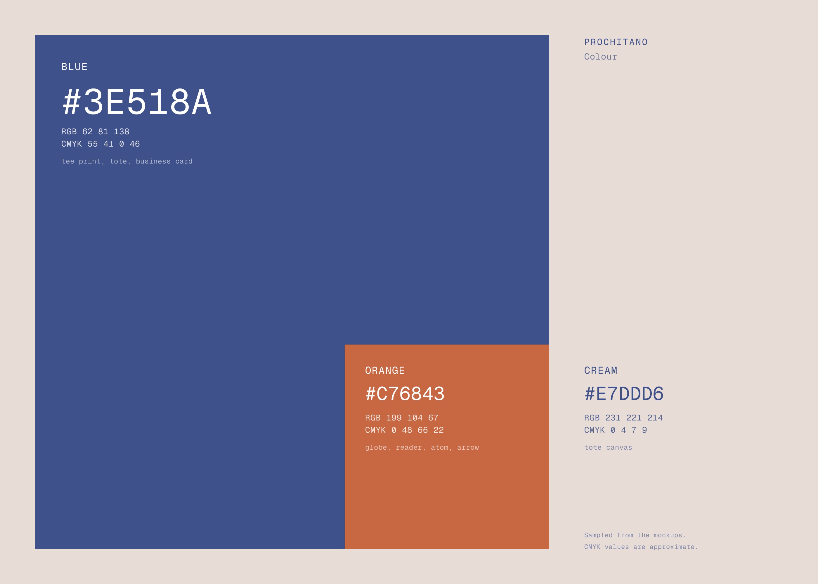 Palette: blue #3E518A, orange #C76843, cream #E7DDD6