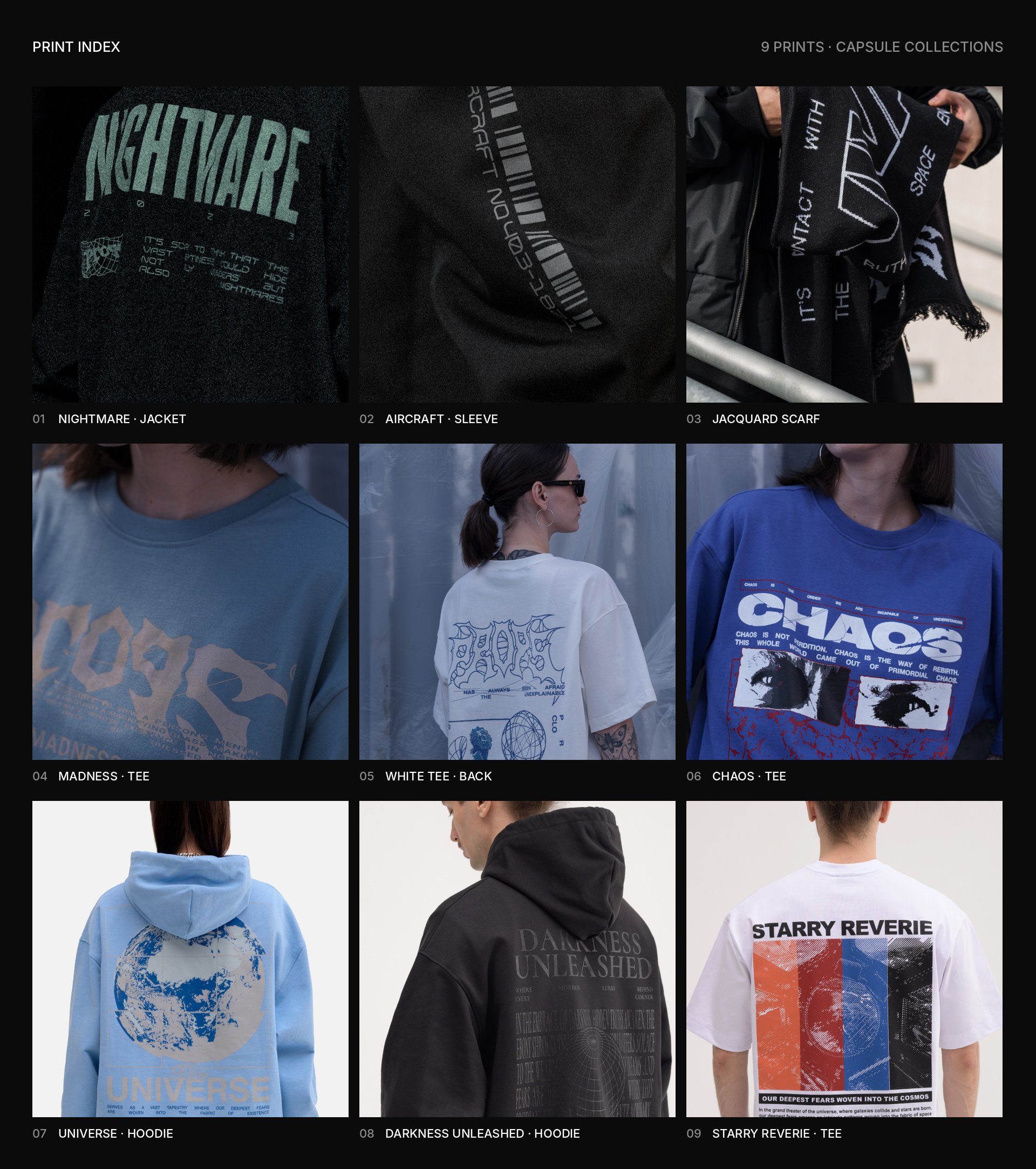 Print index: all nine prints of the capsule collections on one sheet, cut from the photo shoot