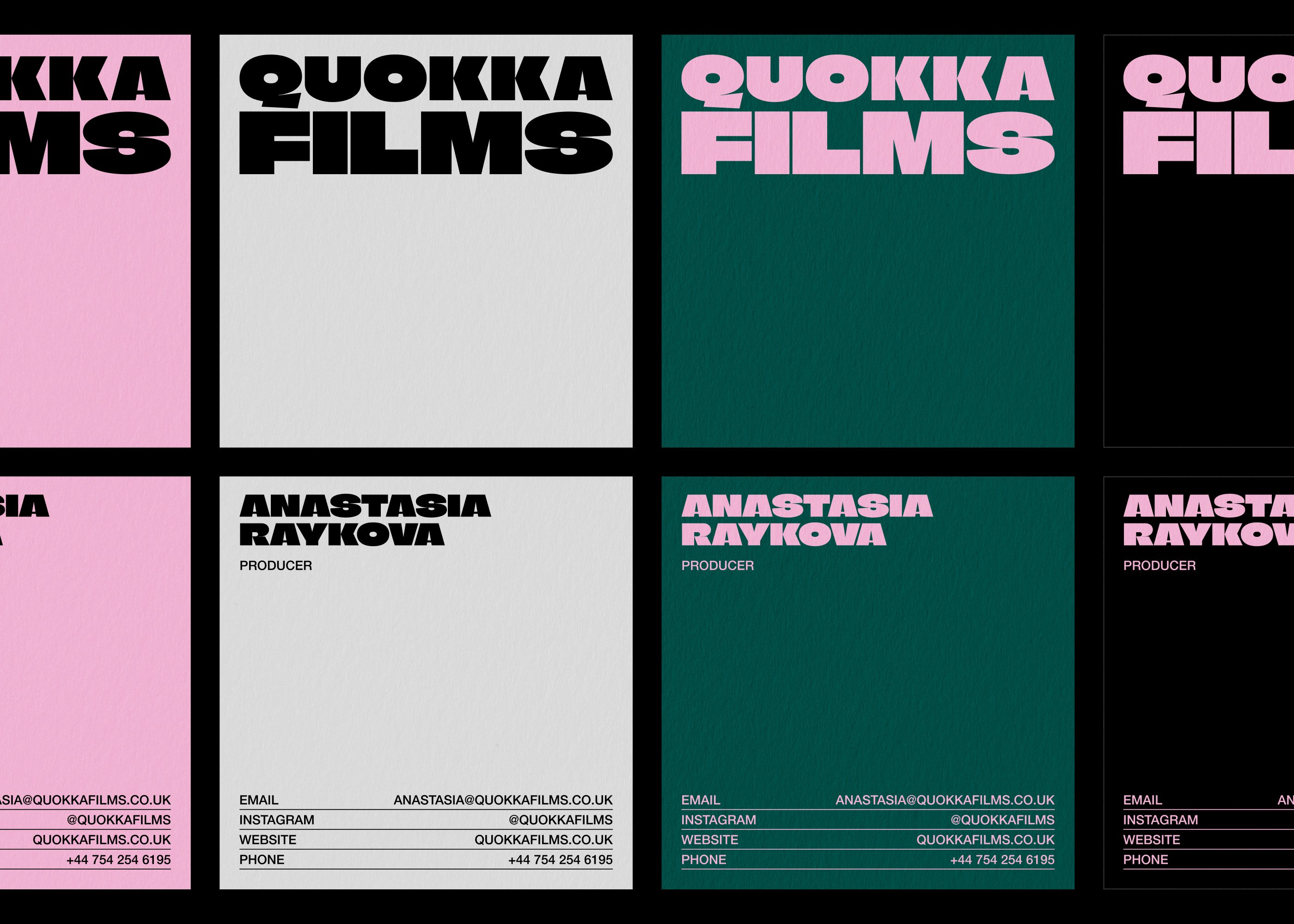 Quokka Films business cards in pink, grey, green and black