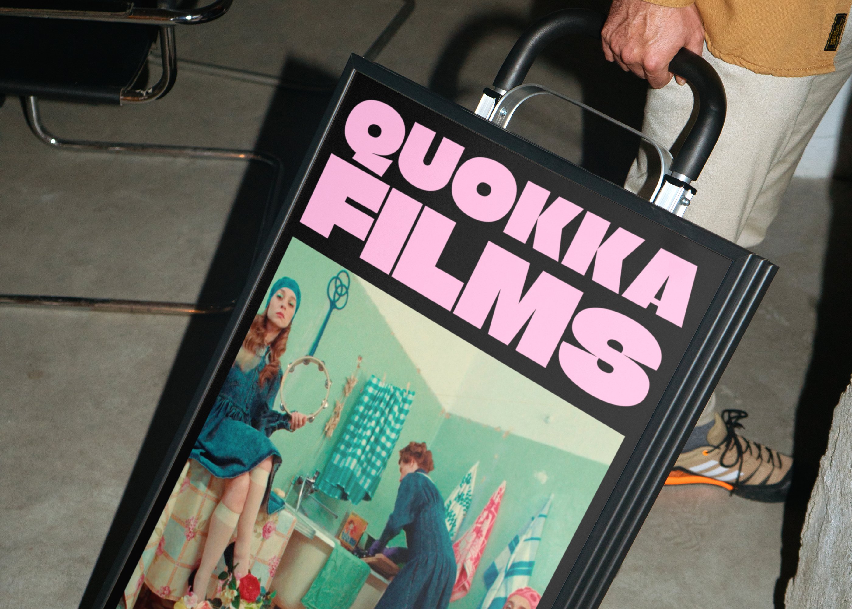 Quokka Films poster on a hand trolley
