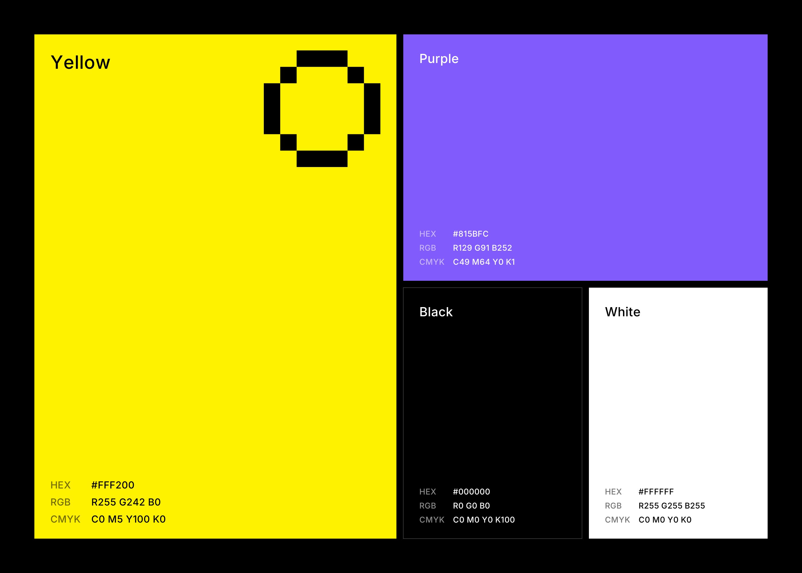Scooply.ai palette: yellow, purple, black and white on a grid, each with HEX, RGB and CMYK