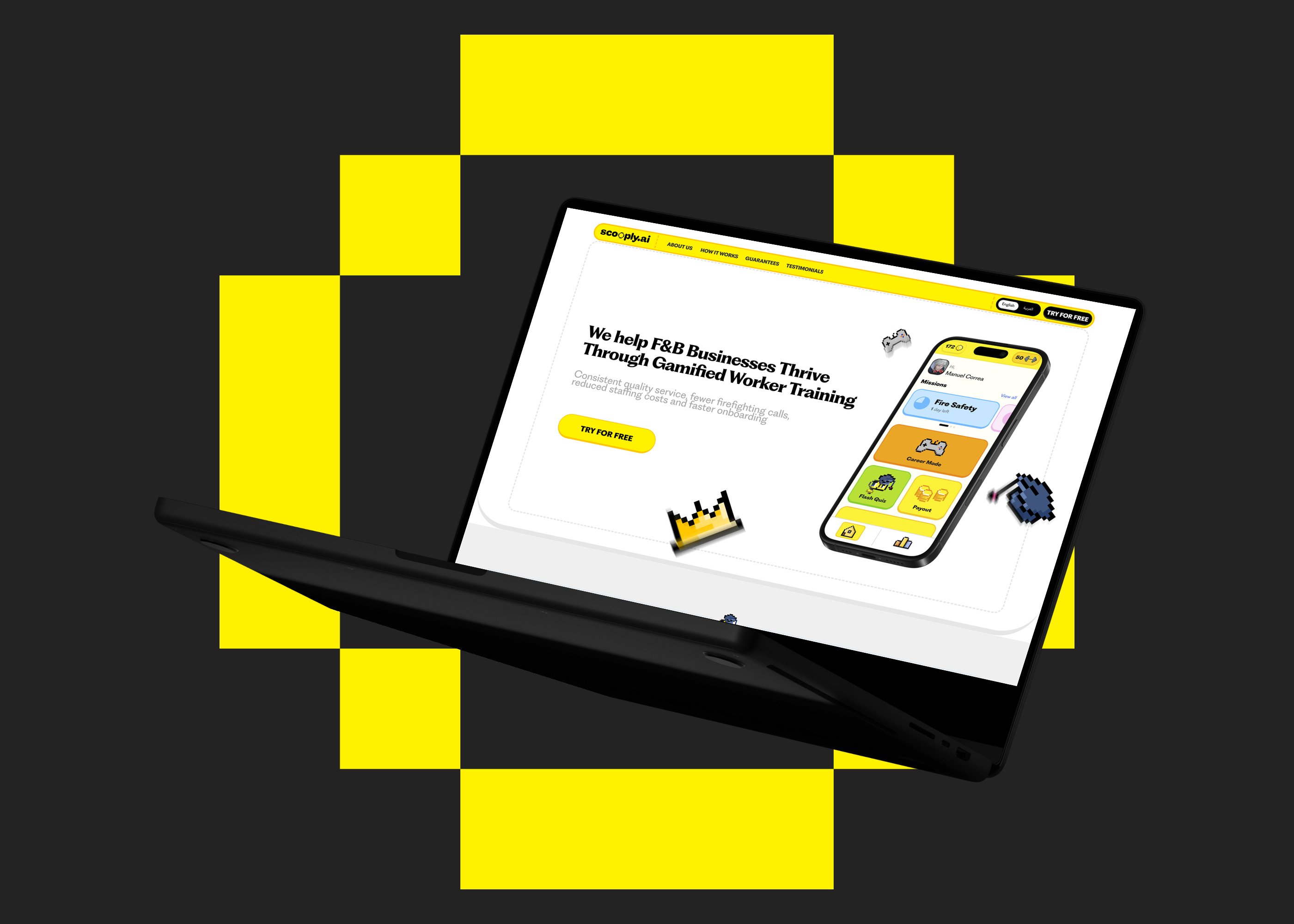 Scooply.ai website home page on a laptop, dark grey background