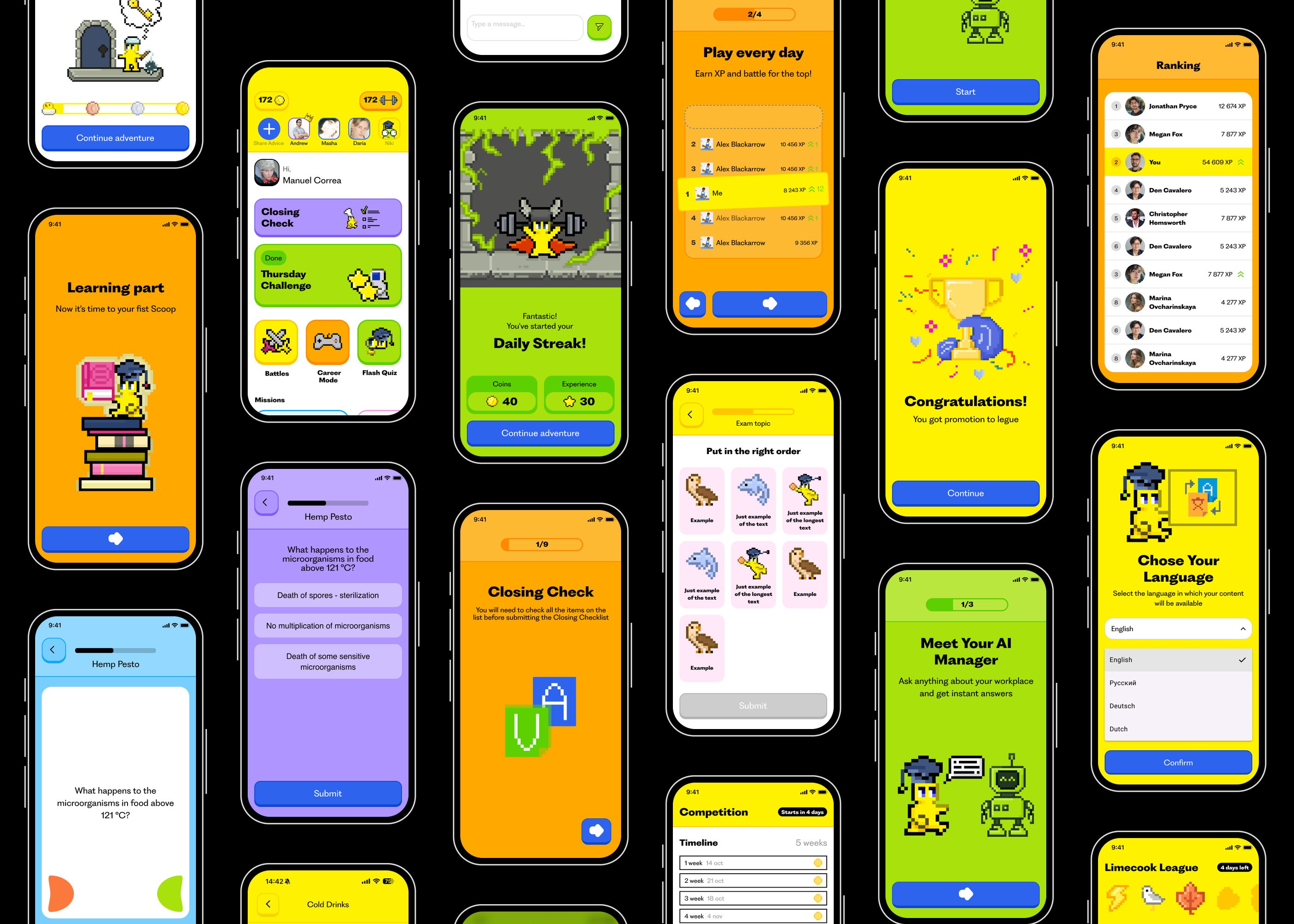 Collage of 19 different Scooply.ai app screens in schematic phones