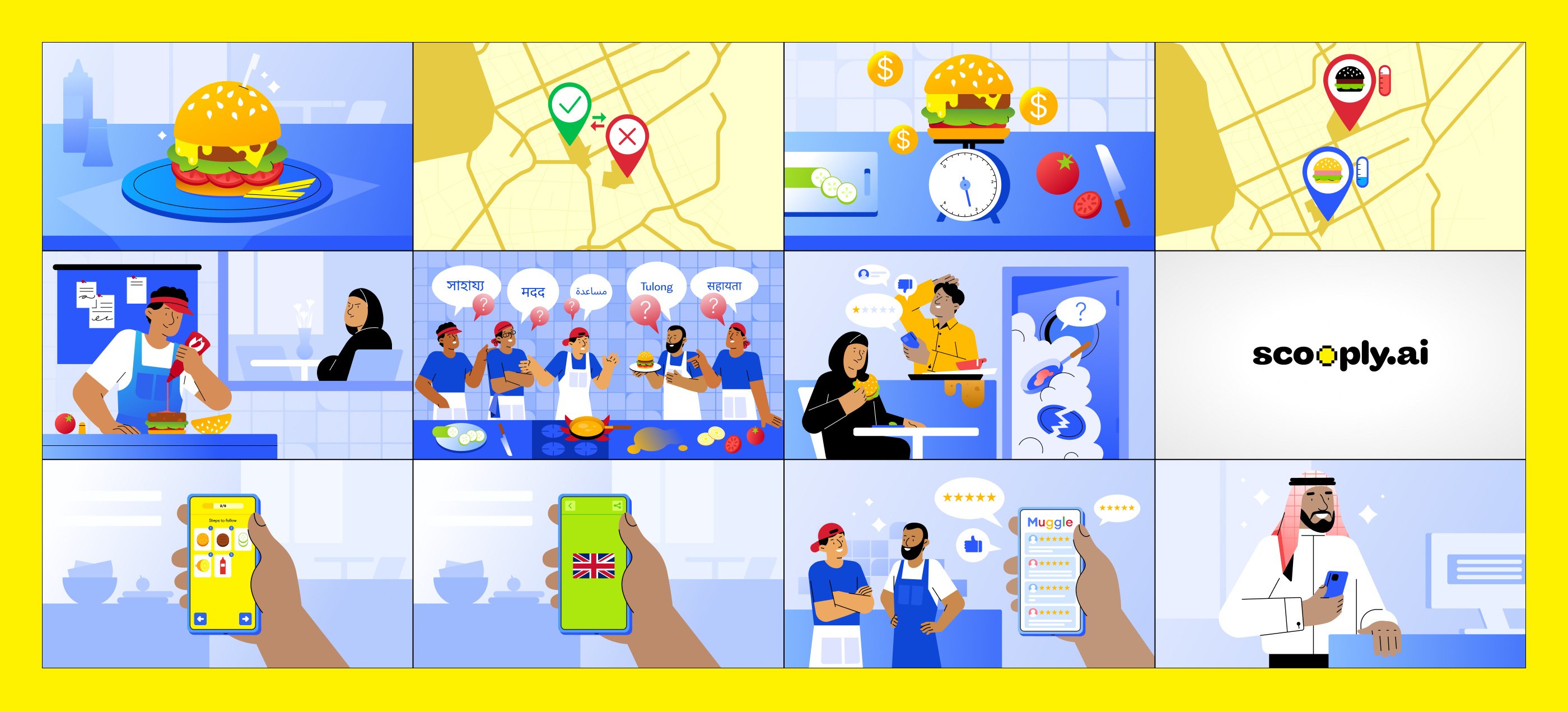 Colour illustrations based on the Scooply.ai storyboard